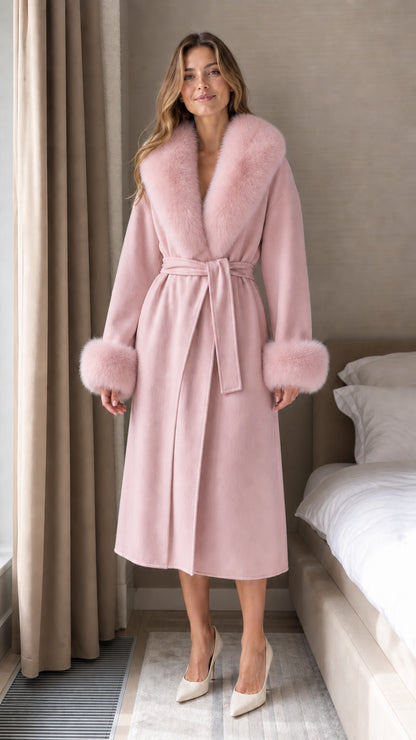 Front view of model wearing Blush Pink belted coat with pink faux fur collar and cuffs