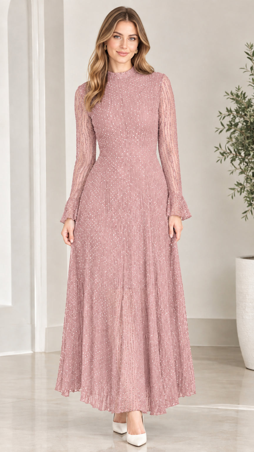 Dusty rose pink shimmering pleated mock neck evening gown