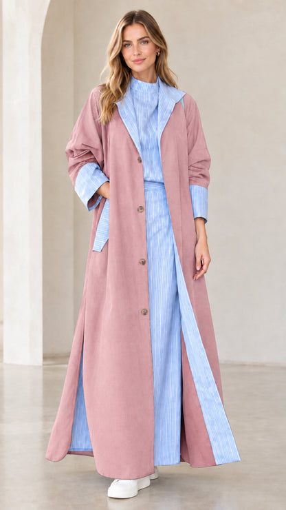 Women's dusty pink longline duster coat with contrast blue striped lapels