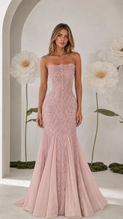 Front view of strapless blush pink beaded sequin mermaid gown