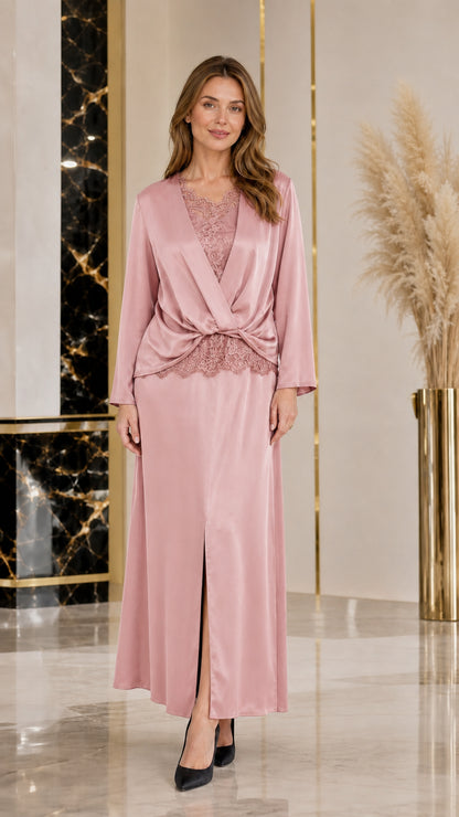 Dusty pink long sleeve satin maxi dress with lace trim