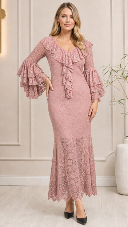 Dusty rose pink tiered bell sleeve floral lace maxi dress front view