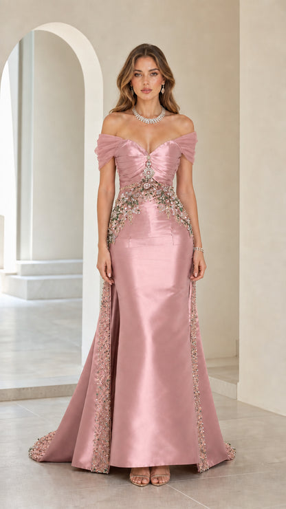 Front view of pink off-shoulder beaded satin evening gown