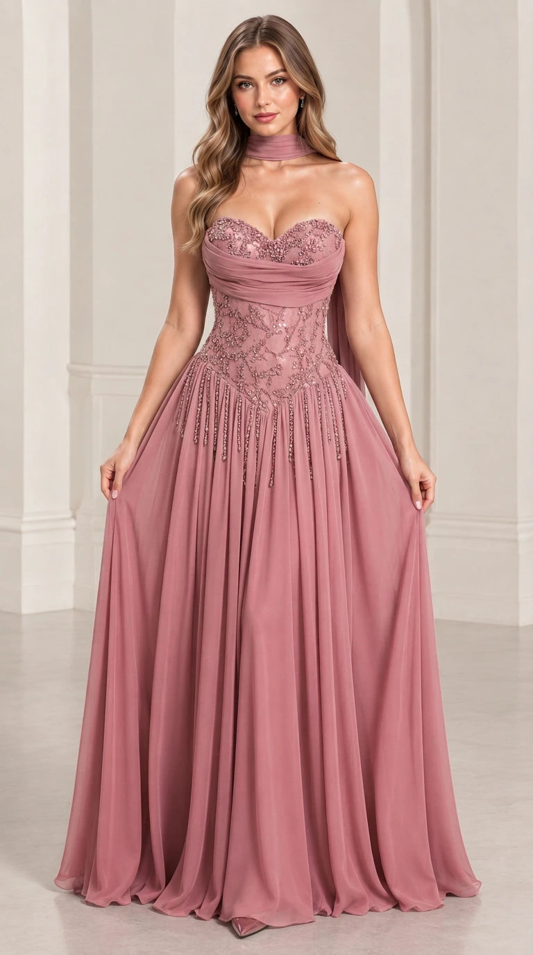 Front view of dusty rose strapless pleated evening gown with matching scarf