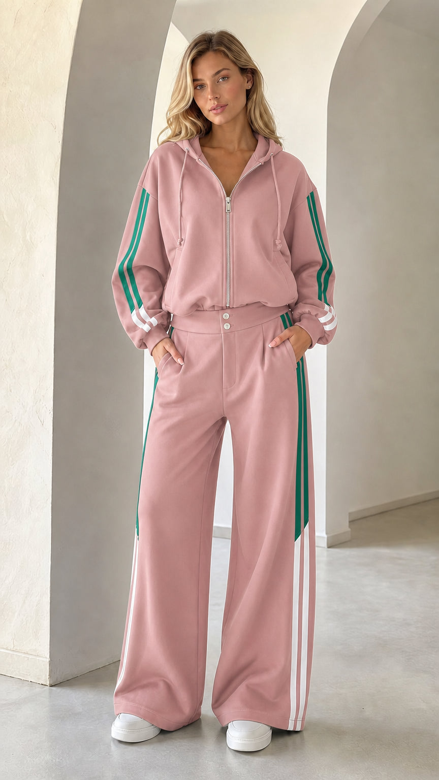 Full front view of woman wearing dusty pink 2-piece wide leg tracksuit set