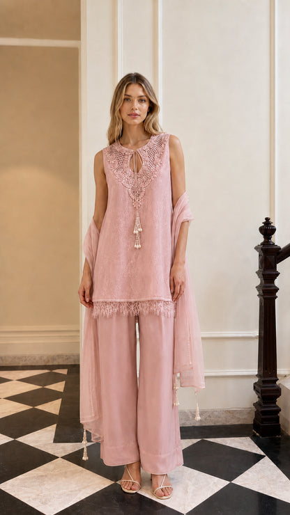 Front view of model in pink color variant