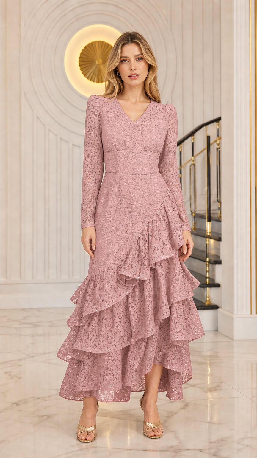 Model wearing the long sleeve tiered ruffle lace evening dress in dusty rose