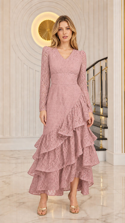 Model wearing the long sleeve tiered ruffle lace evening dress in dusty rose