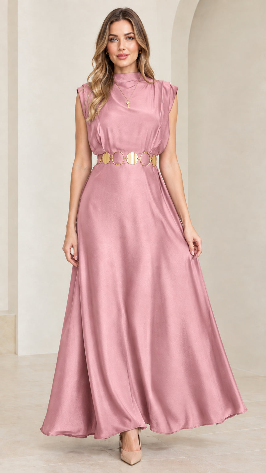 Model wearing blush pink mock neck satin maxi dress with gold belt