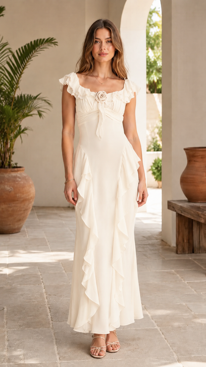Front view of cream maxi dress with ruffle trim and rosette accent