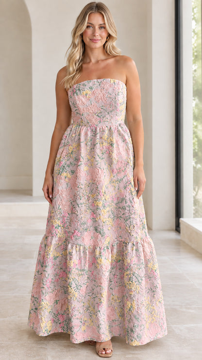 Front full view of strapless floral jacquard maxi dress in blush pink