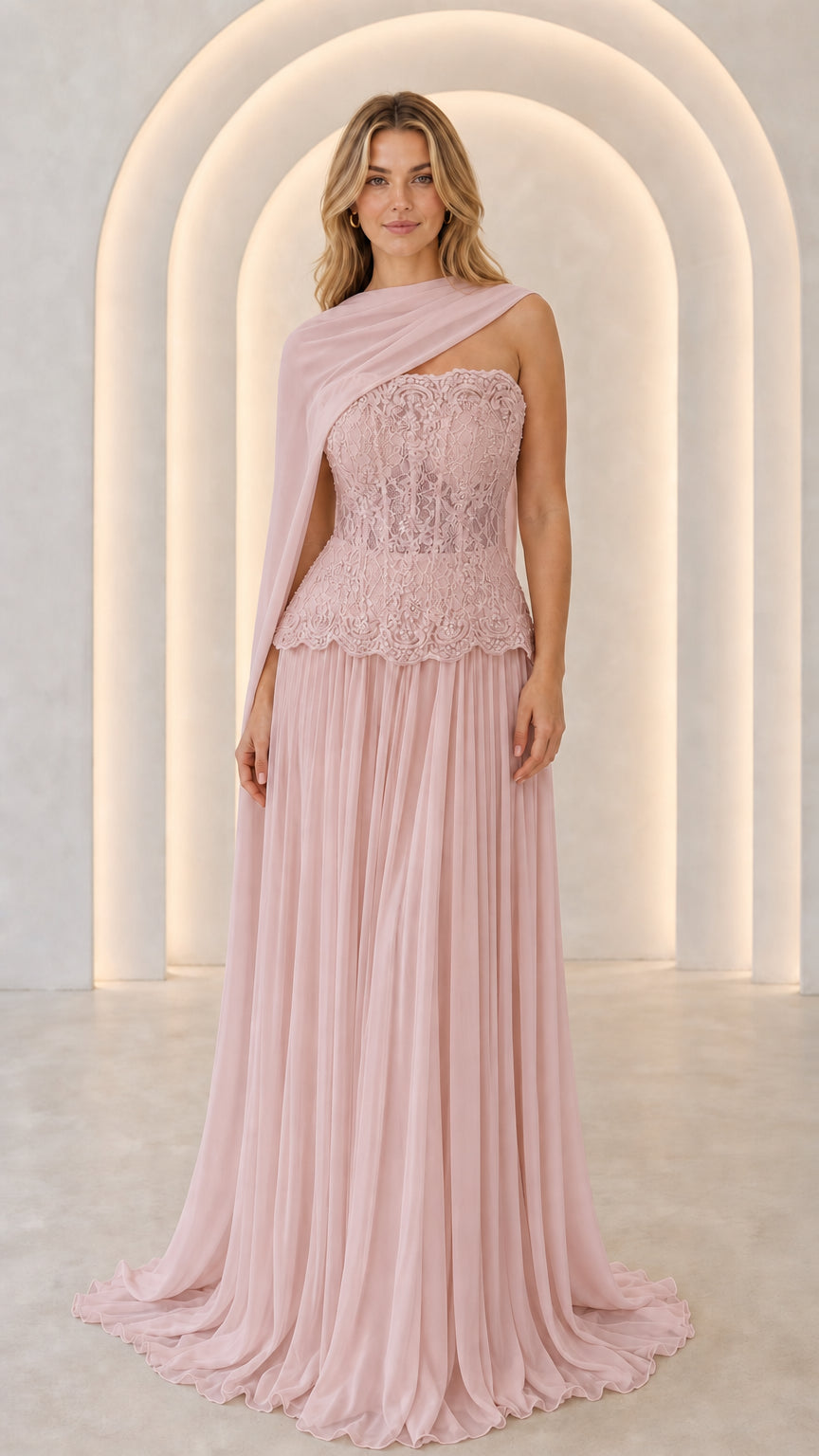 Dusty pink strapless lace corset pleated evening gown with shoulder scarf drape