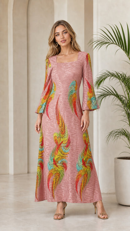 Front view of model wearing Dusty Pink square neck embellished maxi dress