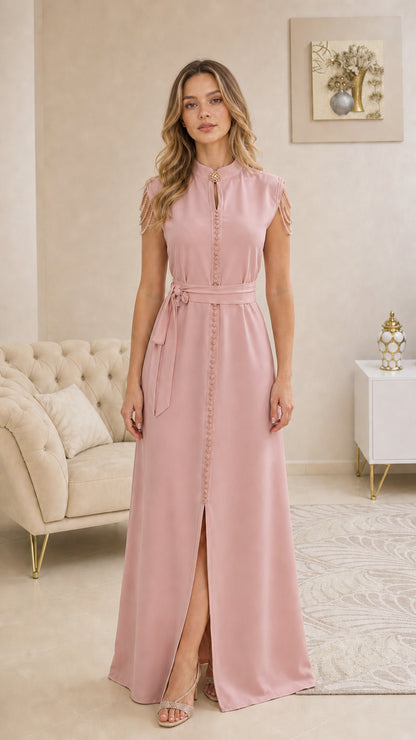 Front view of dusty pink sleeveless beaded shoulder maxi dress