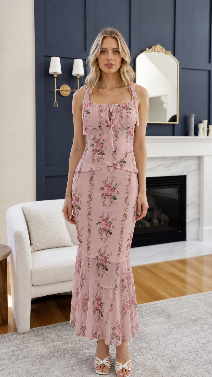 Front view of woman wearing pink floral midi dress
