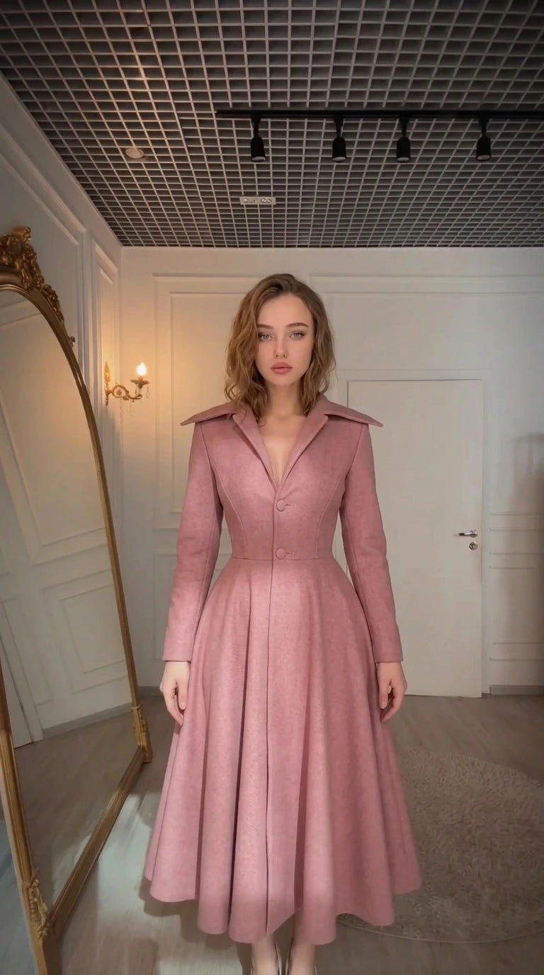 Model wearing dusty pink glossy lapel collar maxi dress