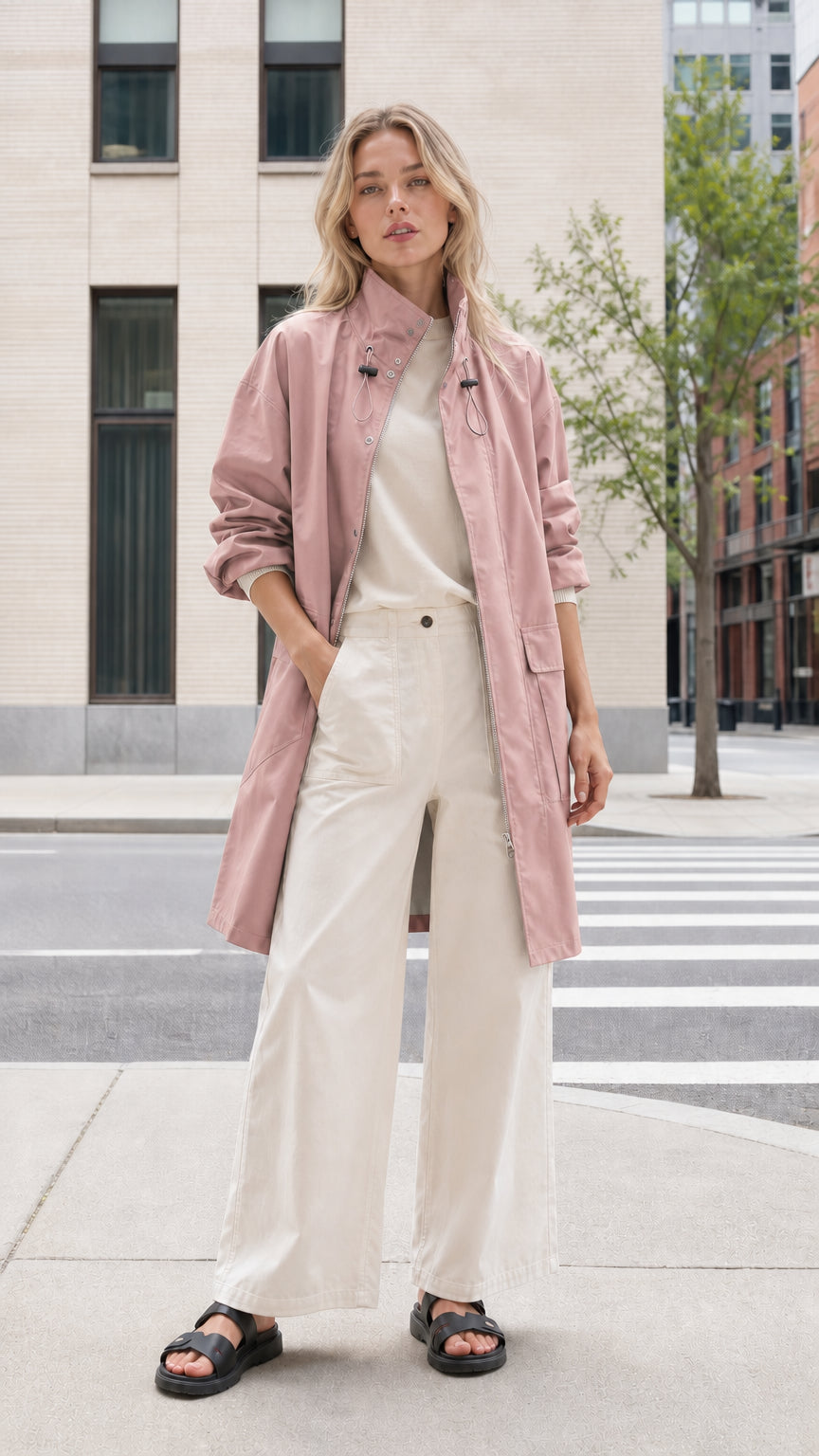 Front view of woman wearing dusty pink mid-length utility parka coat