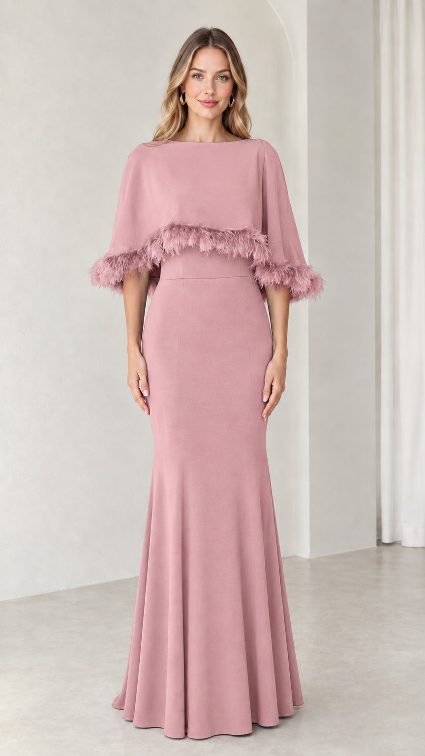 Dusty pink boat neck capelet maxi dress with tonal feather trim