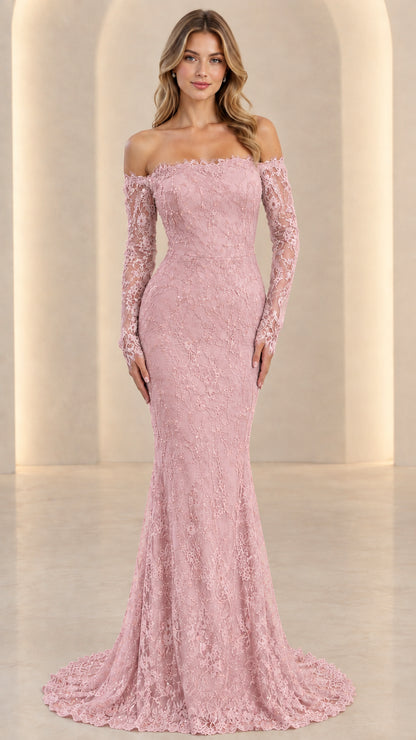Front full view of dusty rose pink off-the-shoulder long sleeve lace evening dress