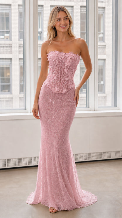 Front view of pink strapless 3D floral lace mermaid evening dress