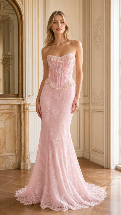Front full-length view of blush pink strapless pearl beaded corset lace mermaid gown