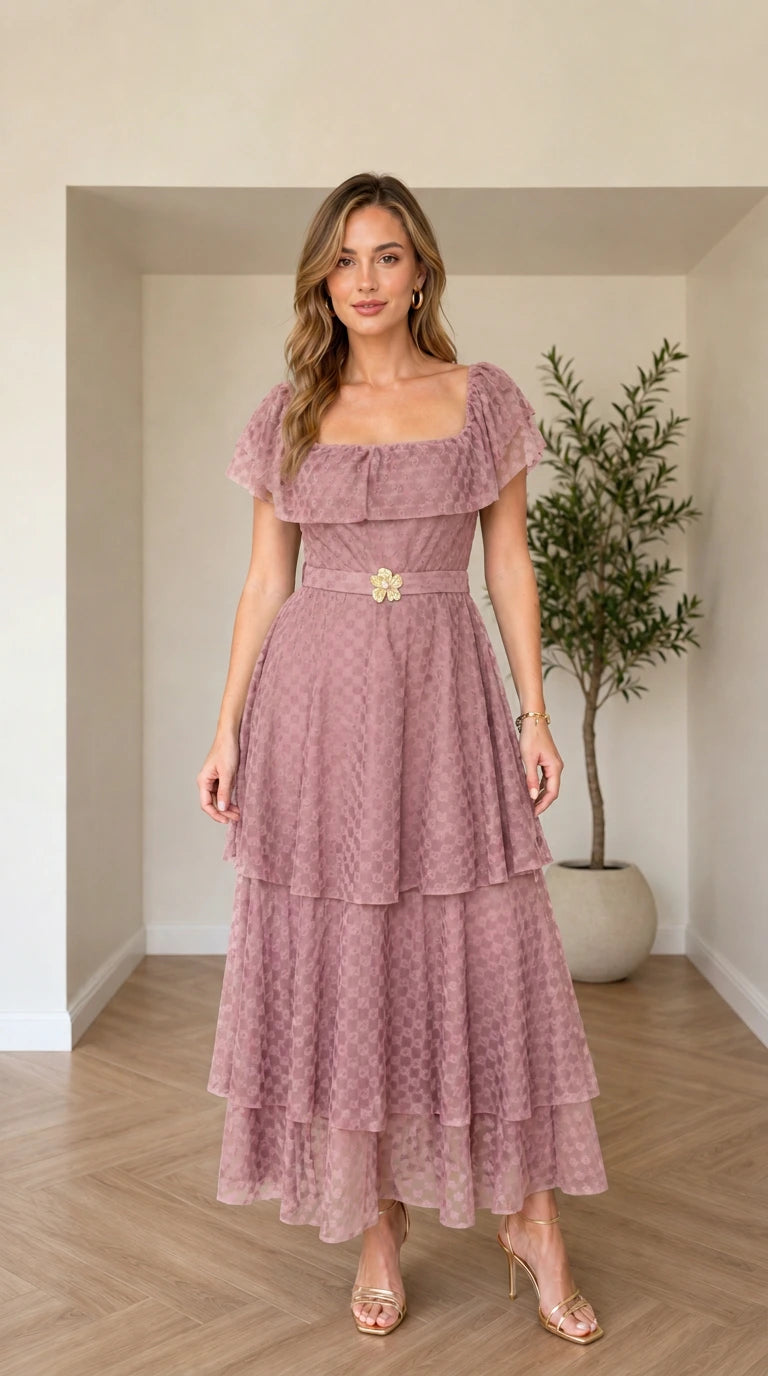 Dusty rose pink tiered ruffle maxi dress with matching floral belt
