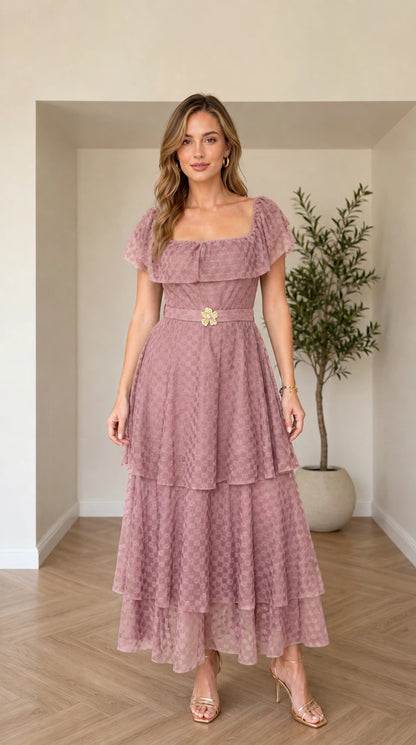 Dusty rose pink tiered ruffle maxi dress with matching floral belt