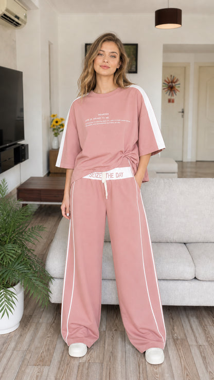 Full front view of model wearing dusty pink two-piece loungewear set