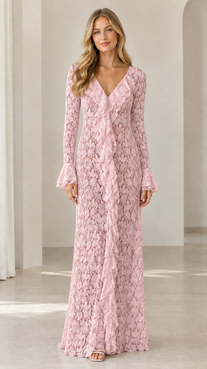 Full-length view of pink floral lace V-neck ruffle evening dress