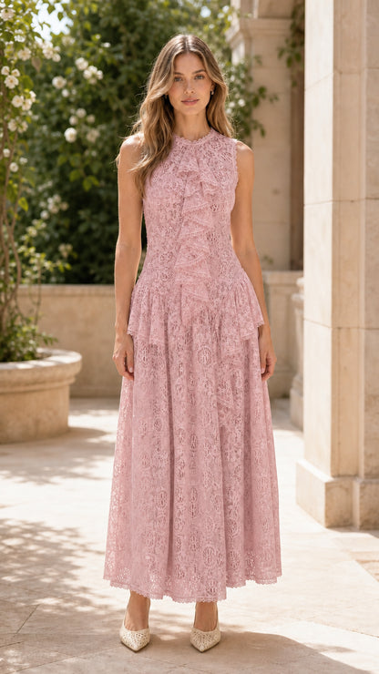 Front view of model wearing pink lace maxi dress