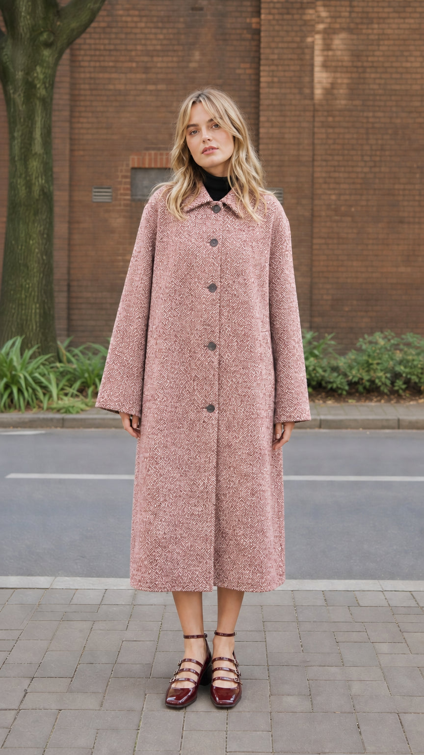 Women's Dusty Rose textured herringbone longline coat full view