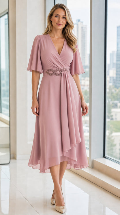 Front view of dusty rose V-neck chiffon midi dress on model