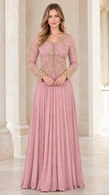 Dusty pink long sleeve embroidered jacket formal maxi gown