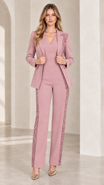 Front view of woman wearing dusty pink sequin-embellished evening pant suit set