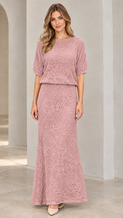 Front view of woman wearing dusty pink crochet knit blouson maxi dress
