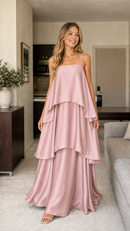 Model wearing dusty pink tiered maxi dress