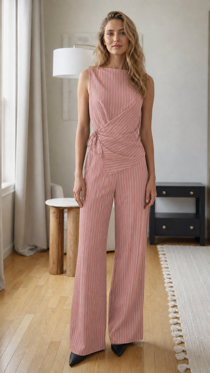 Front view of woman wearing pink pinstripe jumpsuit