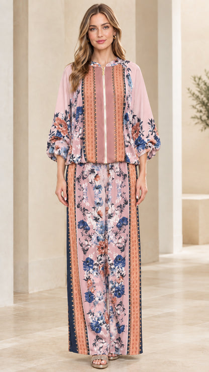Full-length front view of model wearing Pink floral print matching pant set