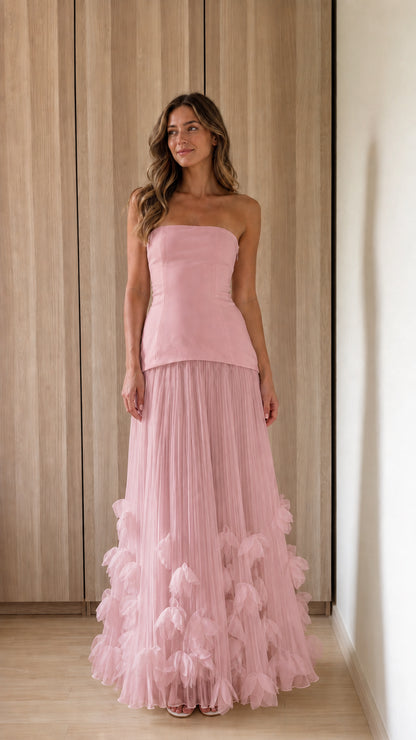 Woman wearing pink strapless 3d floral tulle maxi dress