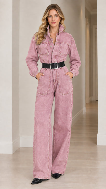 Full-length view of woman wearing dusty pink belted denim wide leg jumpsuit