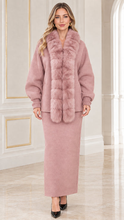 Dusty pink faux fur collar jacket and matching maxi skirt two-piece set