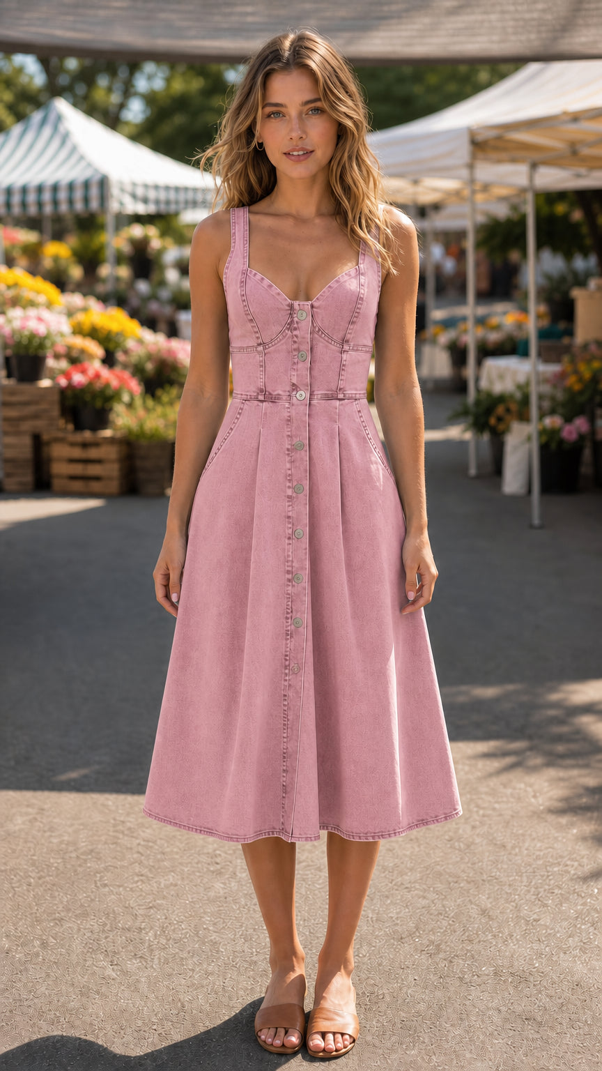 Pink denim midi dress on model