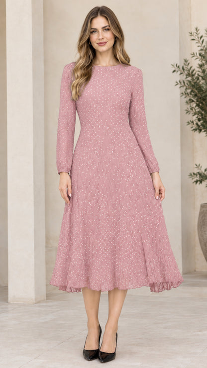 Front view of woman wearing dusty pink long sleeve micro dot A-line midi dress