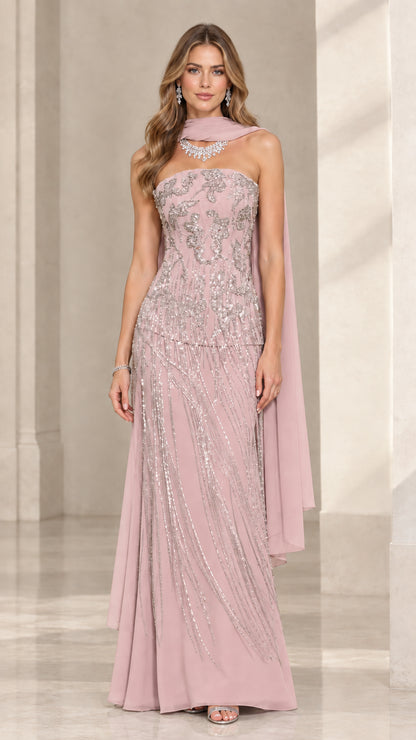 Dusty Rose embellished strapless column evening gown