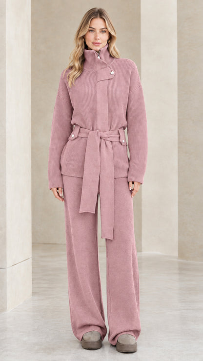 Full-length front view of the two-piece ribbed knit belted sweater set in dusty pink