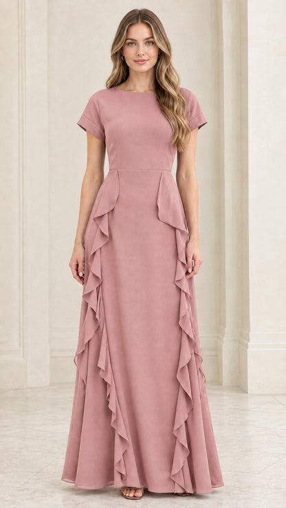 Front full view of dusty rose pink short sleeve formal ruffle gown