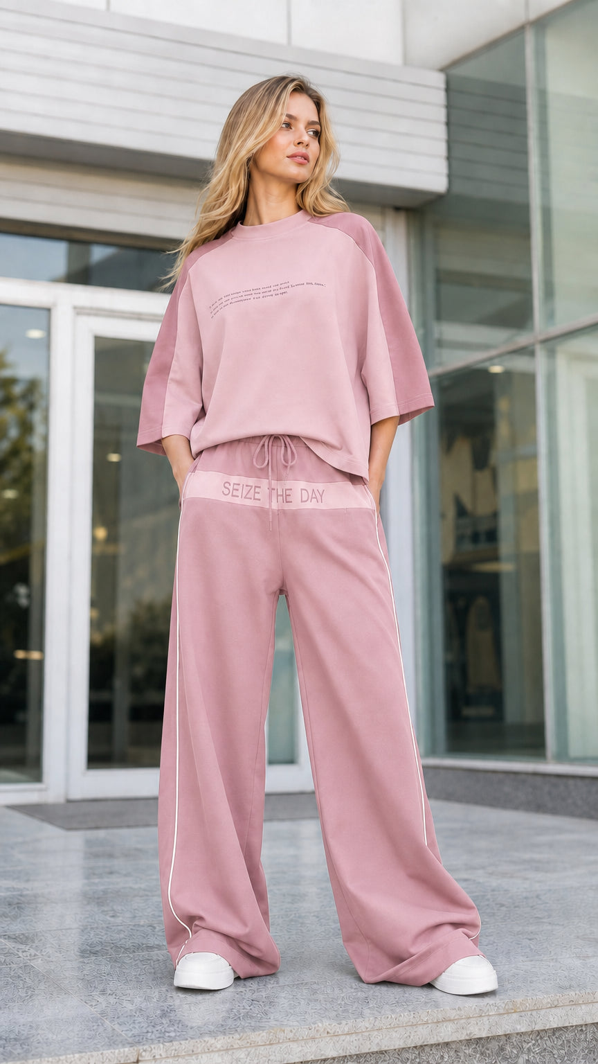 Women's two-piece oversized t-shirt and wide-leg pants set in dusty pink