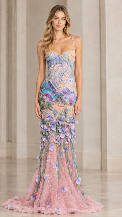 Blush Pink embroidered 3D flower mermaid evening gown - front view
