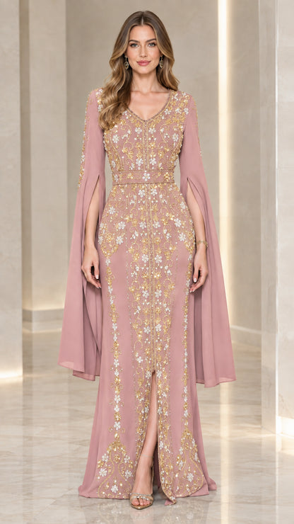 Model wearing dusty pink embroidered cape sleeve evening gown