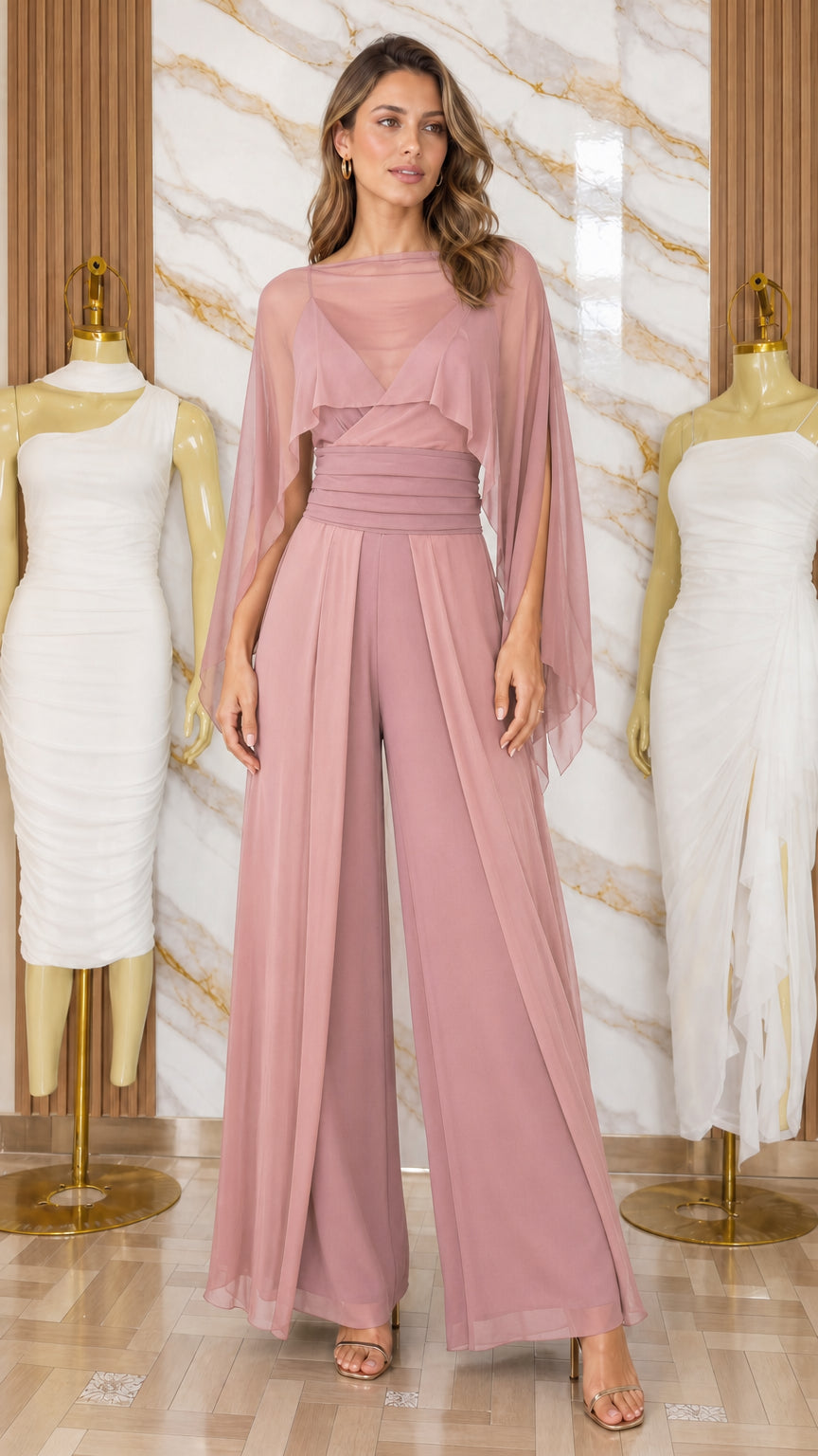 Model wearing dusty rose chiffon overlay wide-leg jumpsuit